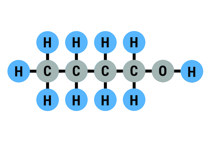 Butanol molecular bonds showing the arrangement of the hydrogen carbon and oxygen atoms 